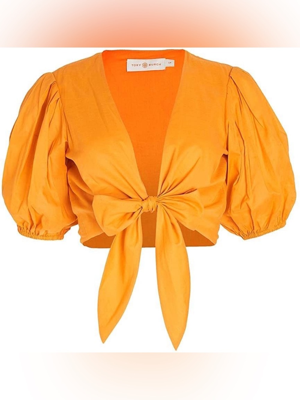 Tory Burch Bright Orange Tie-Front Puff Sleeve Crop Top